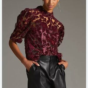 Anthropologie Velvet Cutwork Blouse with Bow - Size XL